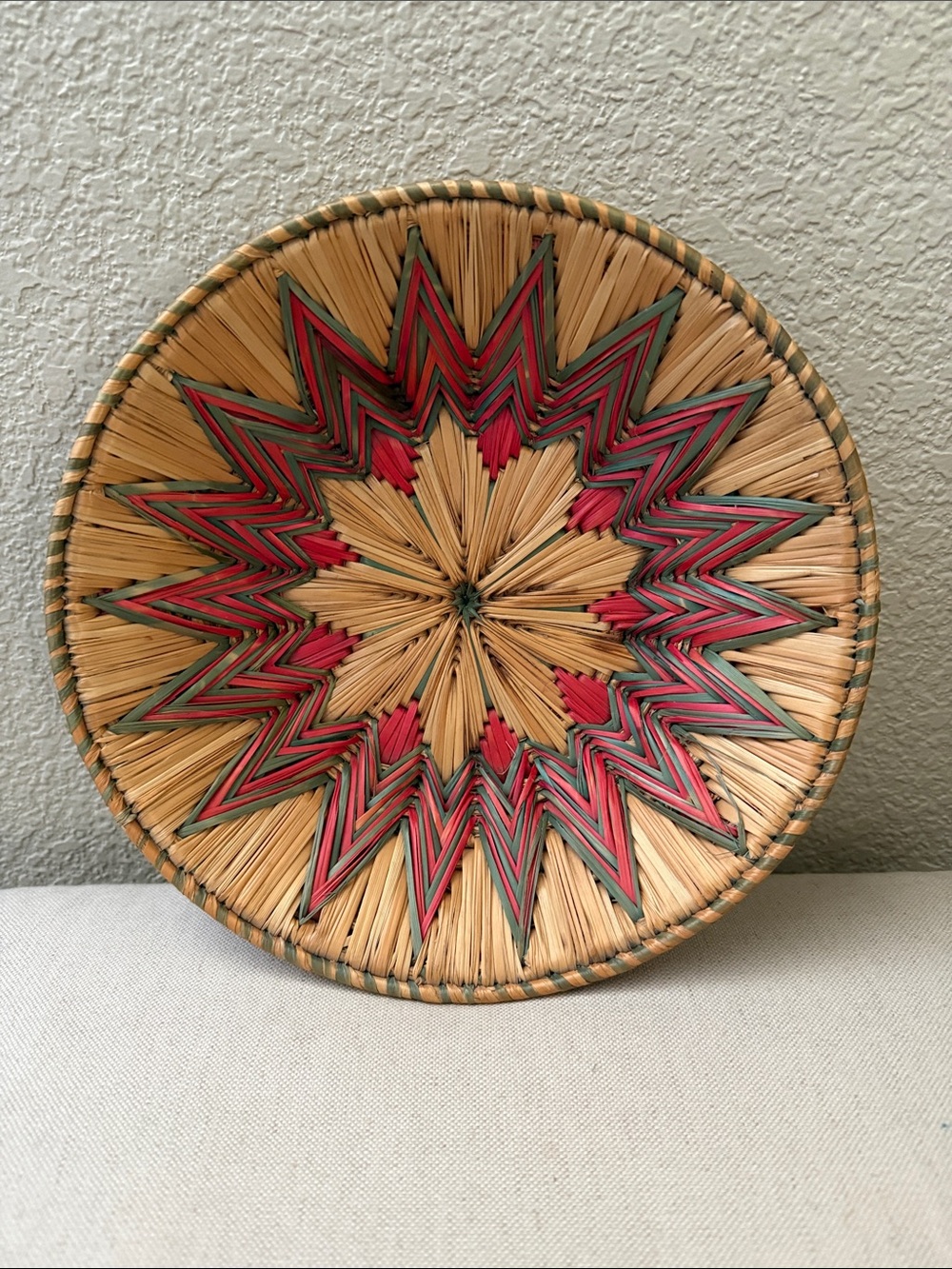 Hand-Woven, Unique, Colorful Basket, 10.5” dia. x 2.5” high;  Natural/Red/Greens